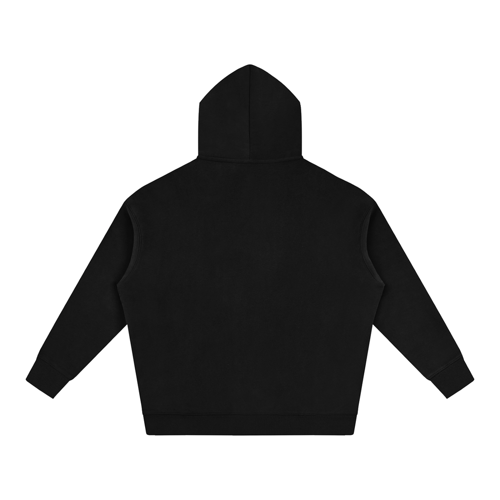 Beaumont Loud thoughts, low volume. premium heavyweight black hoodie back view.