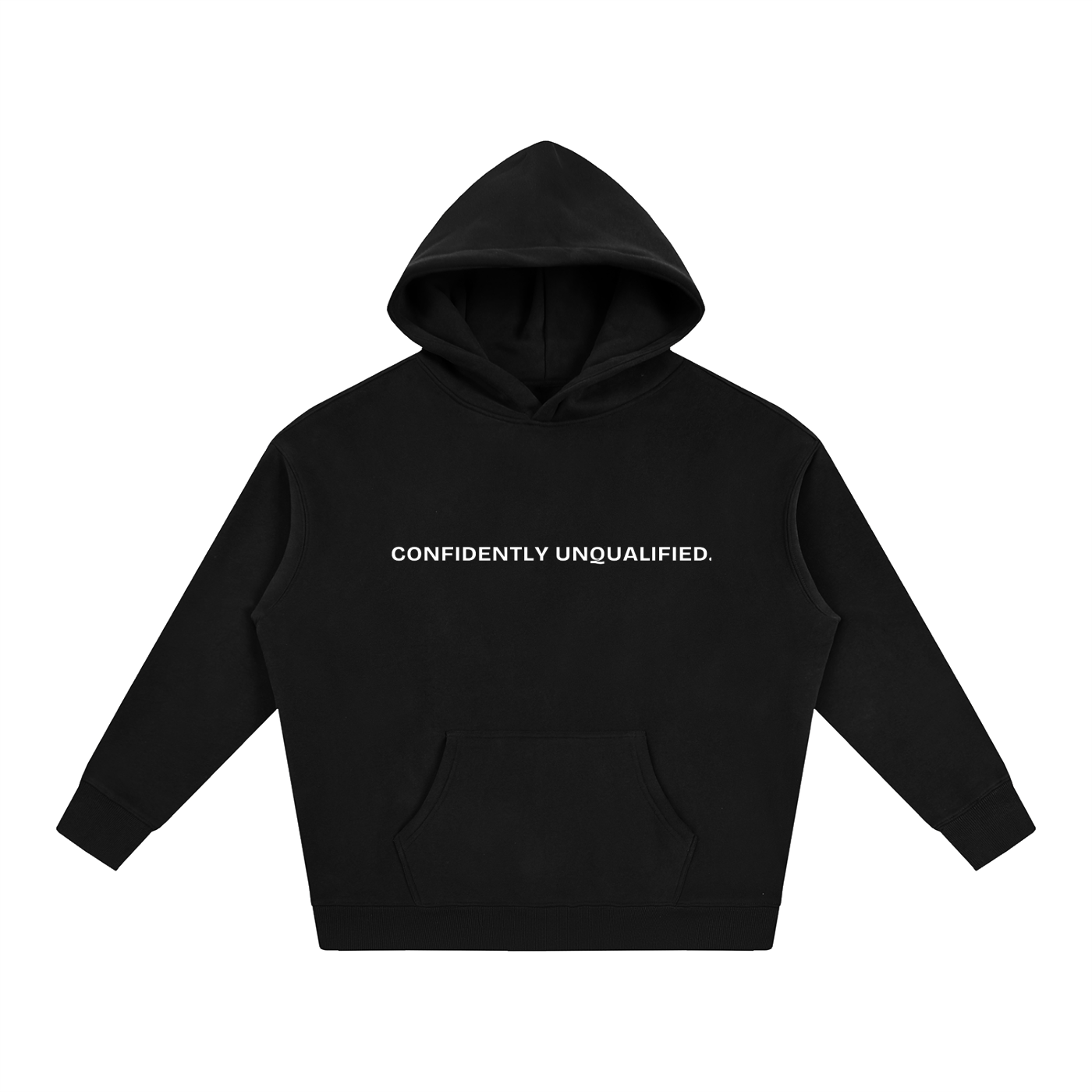 Beaumont Confidently unqualified. premium heavyweight black hoodie front view.