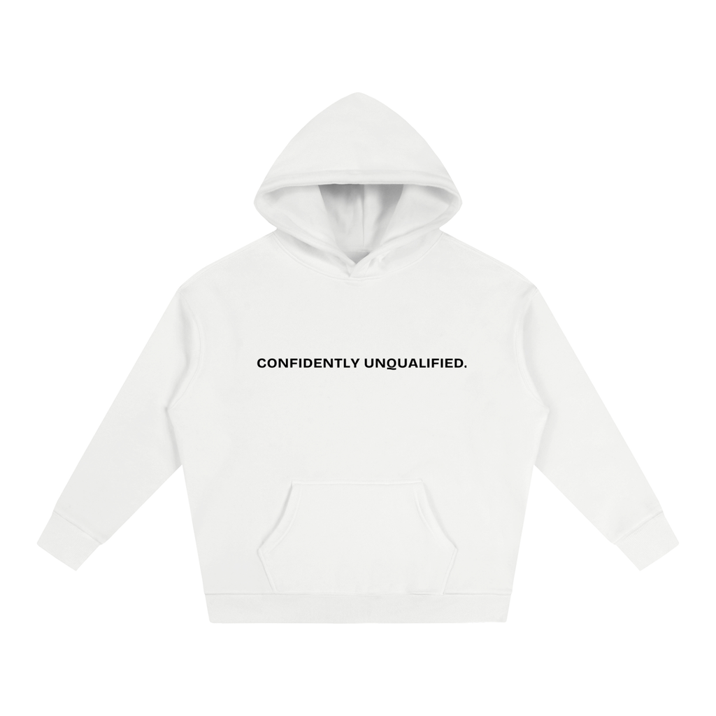 Beaumont Confidently unqualified. premium heavyweight white hoodie front view.