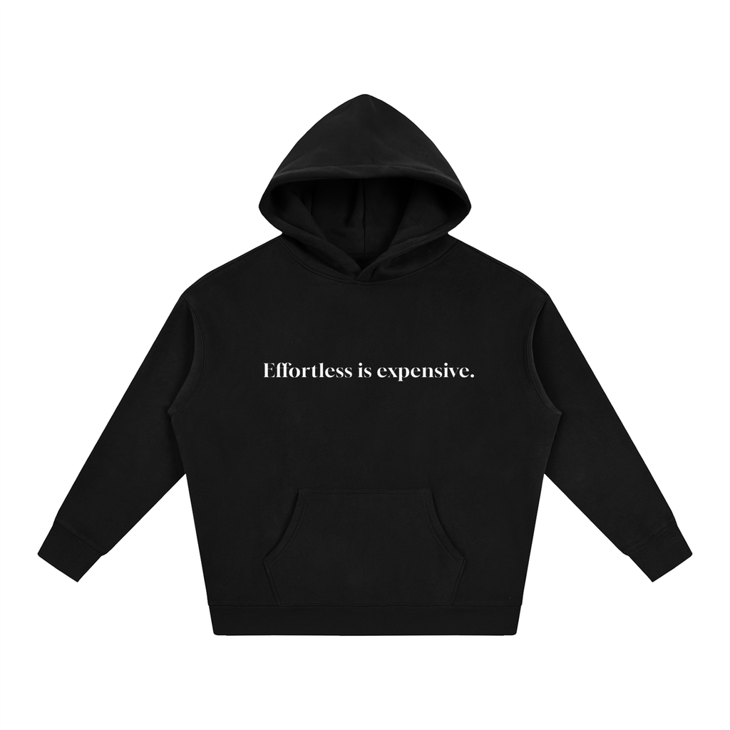 Beaumont Effortless is expensive. premium heavyweight black hoodie front view.