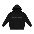 Beaumont Loud thoughts, low volume. premium heavyweight black hoodie front view.